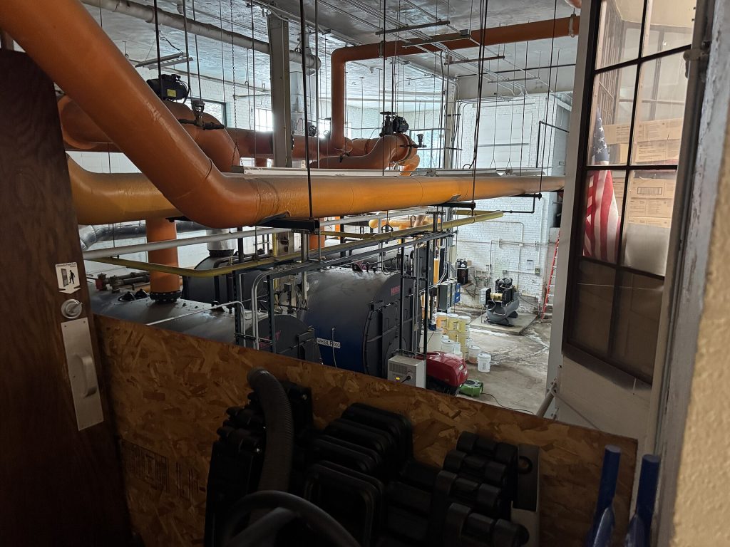 Boiler and plant room with pipework and pumps