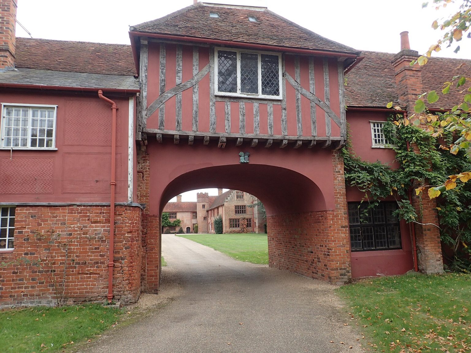 Historic Tudor gatehouse with brick and timber detailing